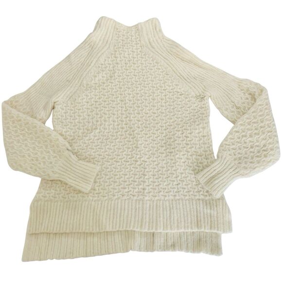 Anthropologie Bia Sweater S Cream Mock Neck Fluffy Cable Chunky Knit Puff Preppy - Picture 3 of 14